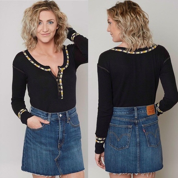 Free People Black Rainbow Thermal Waffle Knit Embroidered Henley Top Size Small - Picture 3 of 12